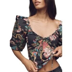 NWT‎ MOTHER The Sweet Talker Black Ruffle Smocked Floral Crop Top Size Large